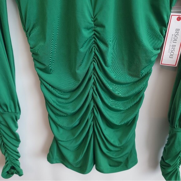Y2k Ruched Blouse Slinky Emerald Green Long Sleeve NWT - Picture 8 of 16